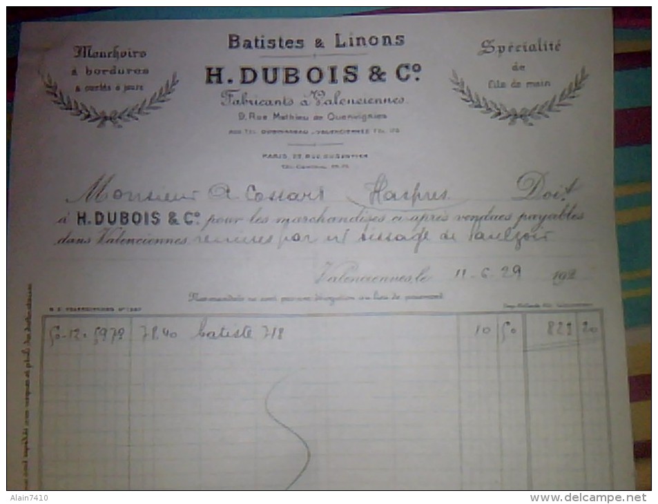 Vieux Papiers Facture Lettre A Entete Textilles H Dubois Batistes & Linons Mouchoirs  Annee D Edition 1929 - Autres & Non Classés