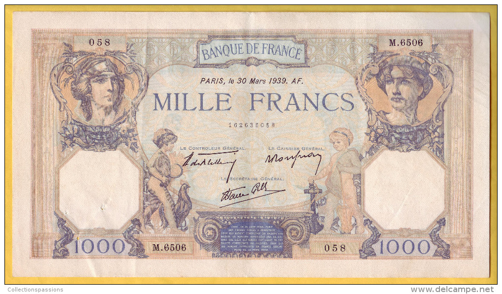 BILLET FRANCAIS - Lot De 2 Billets. 1000 Francs Cérès Et Mercure 30.3.1939 SUP - 1 000 F 1927-1940 ''Cérès Et Mercure''