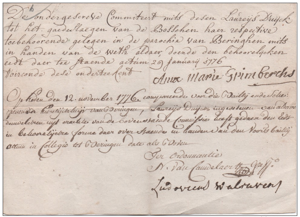 PARCHEMIN - Attestation De Dettes Fait  à Beringhen Par Marie GRIMBERCHS En 1776 - Documents Historiques