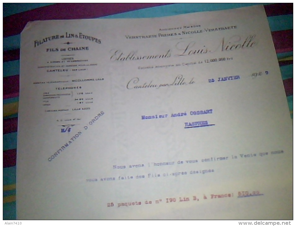 Vieux Papiers Facture Lettre A Entete Textilles Etablissements Louis Nicolle Filature Lin & Etoupes Annee D Edition 1929 - Autres & Non Classés