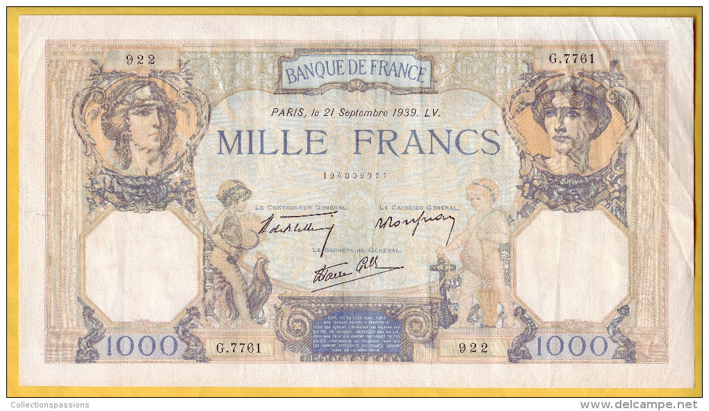 BILLET FRANCAIS - 1000 Francs Cérès Et Mercure 21.9.1939 TTB - 1 000 F 1927-1940 ''Cérès Et Mercure''