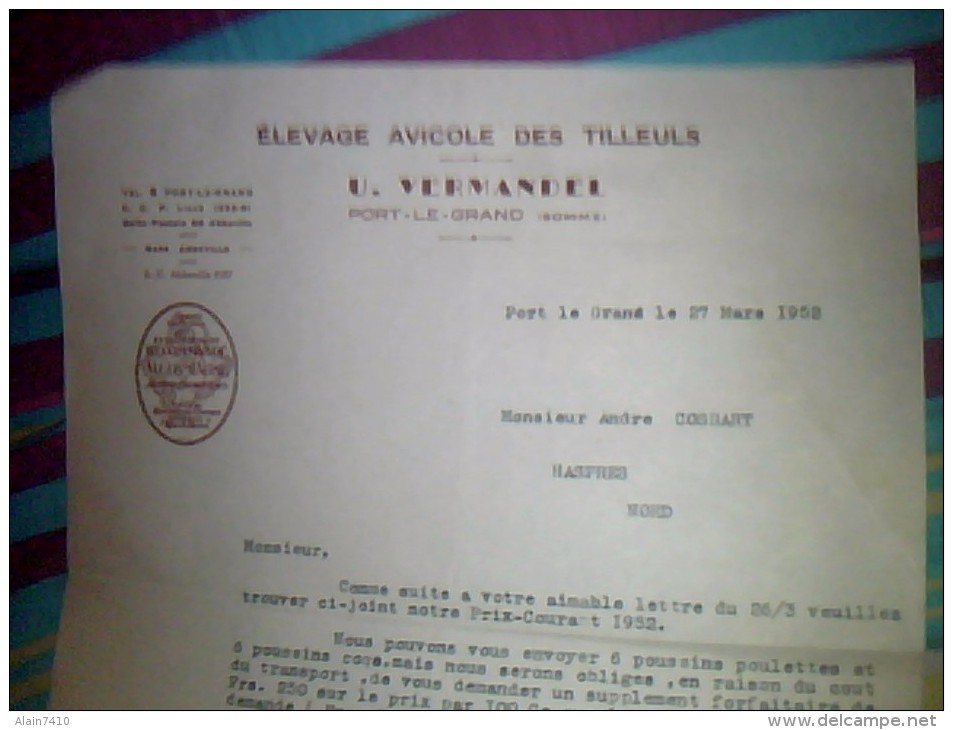 Vieux Papiers Facture Lettre A Entete Aviculture Elevage Avicole Des Tilleuls U. Vermandel  Annee D Edition 1952 - Autres & Non Classés