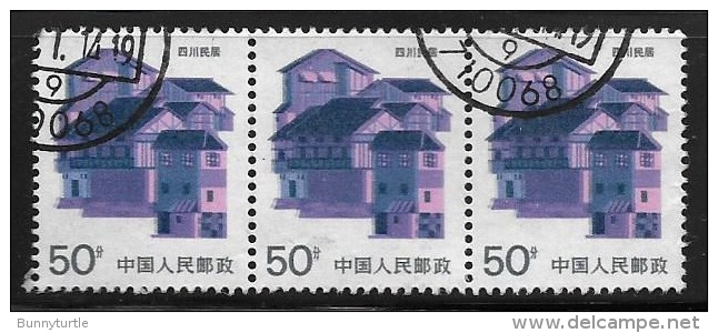 PRC China 1986 Folk Houses 50f Sichuan Blk Of 3 Used - Oblitérés
