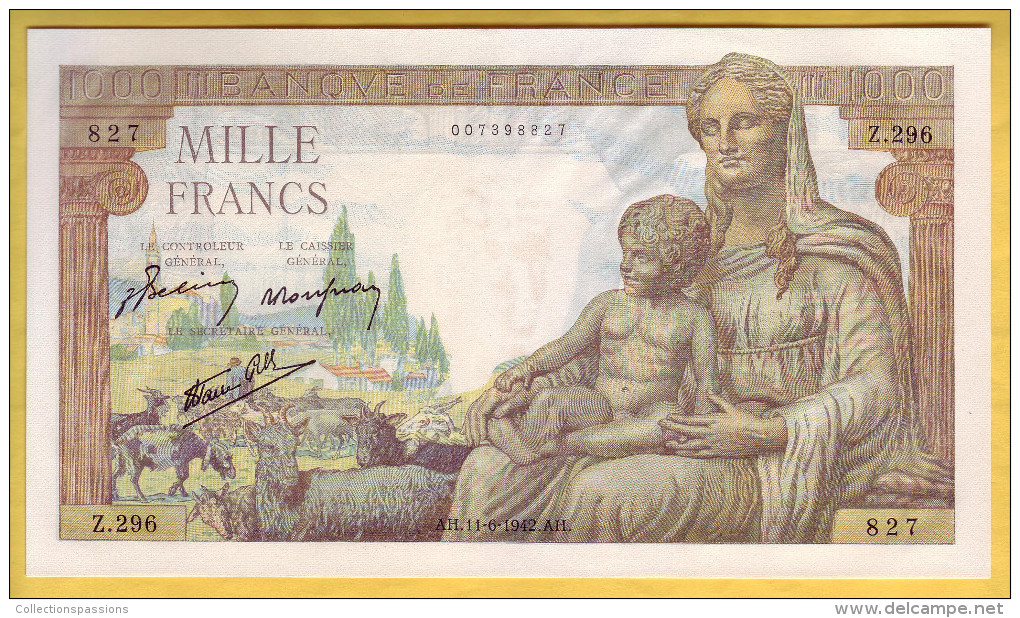 BILLET FRANCAIS - 1000 Francs Déesse Déméter 11.6.1942 NEUF - 1 000 F 1942-1943 ''Déesse Déméter''