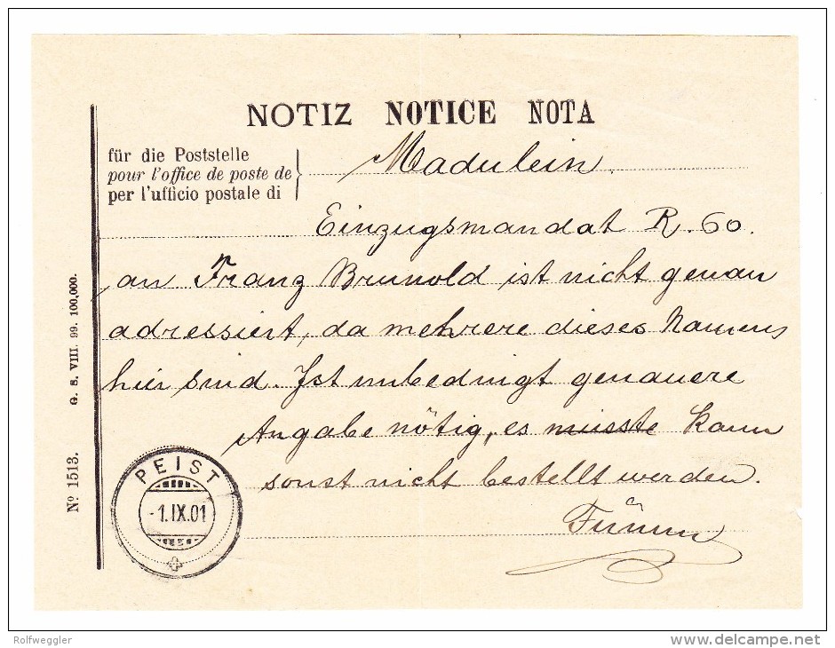 Heimat GR ENGADIN Madulein - PEIST 1.9.1901 2-Kreis-Stempel Auf PTT Notiz - Marcophilie