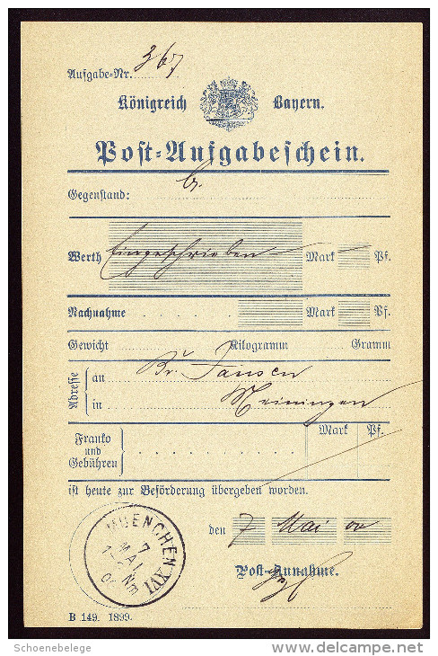 A3641) AD Bayern Postaufgabeschein Von München 07.05.1900 Für R-Brief - Sonstige & Ohne Zuordnung