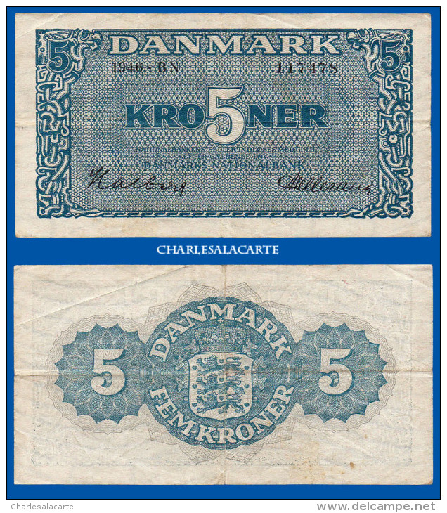 1946 DENMARK  5 KRONER  KRAUSE 35b GOOD / FINE CONDITION - Denmark