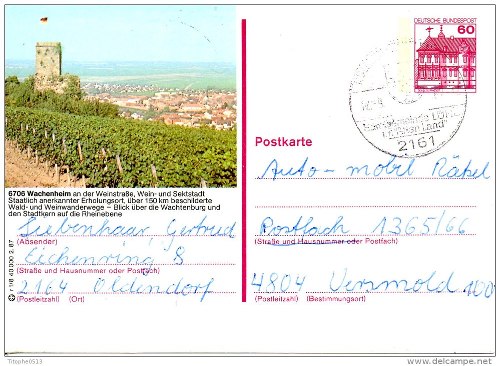 ALLEMAGNE. Carte Pré-timbrée Ayant Circulé En 1987. Vignoble De Wachenheim. - Cartes Postales Illustrées - Oblitérées