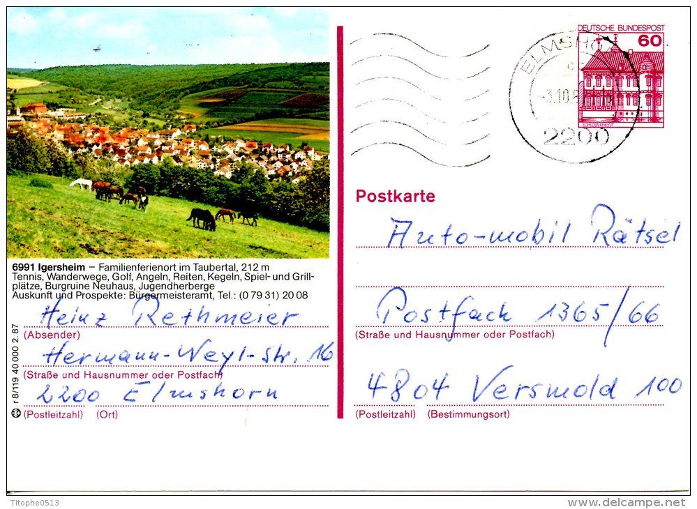 ALLEMAGNE. Carte Pré-timbrée Ayant Circulé En 1987. Igersheim/Chevaux. - Illustrated Postcards - Used