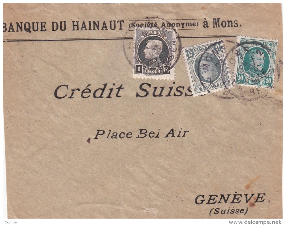 1892 BELGIQUE DEVANT DE LETTRE. BANQUE DU HAINAUT A MONS.  1F15c. 3 COULEURS.  MONS A GENEVE/ 7185 - 1863-09