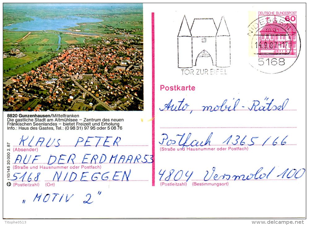 ALLEMAGNE. Carte Pré-timbrée Ayant Circulé En 1987. Gunzenhausen. Oblitération : Tor Zur Eifel. - Illustrated Postcards - Used