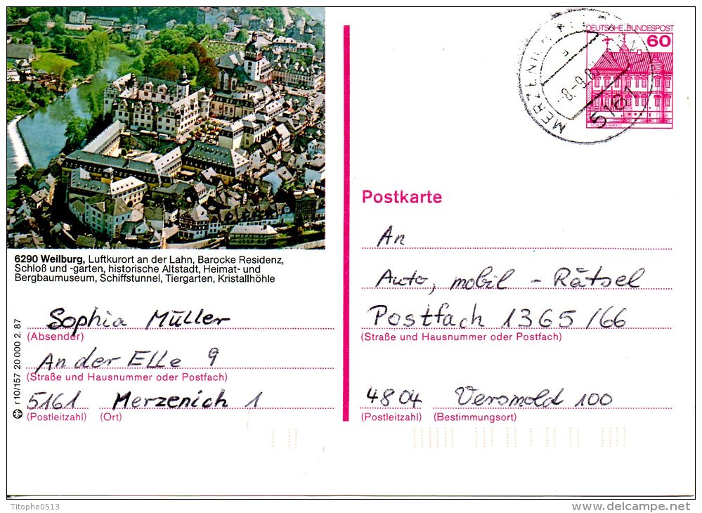 ALLEMAGNE. Carte Pré-timbrée Ayant Circulé En 1987. Weilburg. - Illustrated Postcards - Used