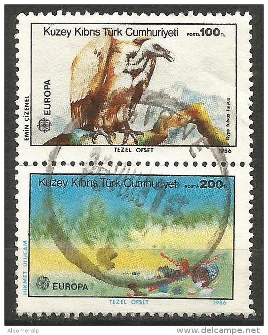 Turkish Cyprus 1986 Mi 179-80 O [pair], CEPT, Griffon Vulture (Gyps Fulvus), Birds Of Prey | Litter On Cypress Landscape - Used Stamps