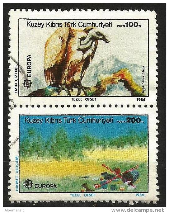Turkish Cyprus 1986 Mi 179-80 O [pair], CEPT, Griffon Vulture (Gyps Fulvus), Birds Of Prey | Litter On Cypress Landscape - Oblitérés