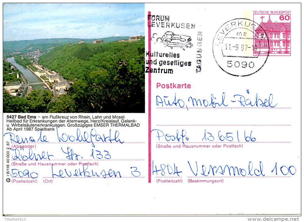 ALLEMAGNE. Carte Pré-timbrée Ayant Circulé En 1987. Bad Ems. Oblitération : Forum Leverkusen. - Cartes Postales Illustrées - Oblitérées