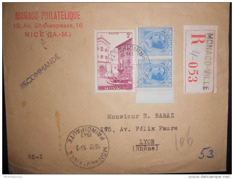 Monaco Lettre Recommande De Monaco Ville 1942 Pour Lyon - Storia Postale