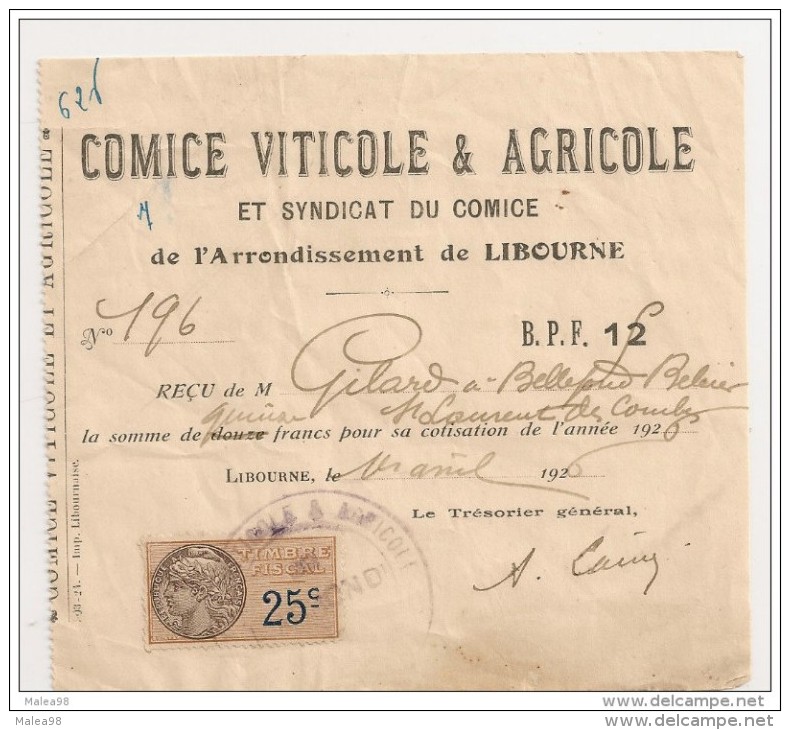 COMICE  VITICOLE Et  AGRICOLE  Et   SYNDICAT Du COMMICE De L´ Arrdt De  LIBOURNE,,,, 1926,,,BE,,, - Non Classés