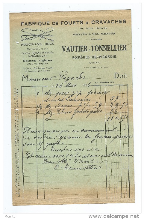 Facture Fabrique De Fouets & De Cravache - Vautier Tonnelier  - Rosières De Picardie  1926  (  Rosières En Santerre ) - Altri & Non Classificati