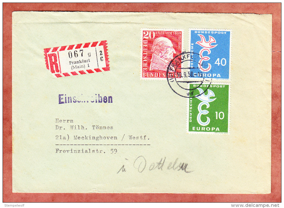 Einschreiben Reco, Europa U.a., Frankfurt Nach Meckinghoven 1958 (89046) - Storia Postale