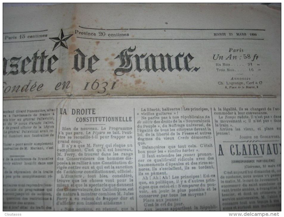 LA GAZETTE DE FRANCE ) 25 Mars 1890 -Détention Du Duc D'Orléans-Emprunts Russes -titres De Panama -débats -parlement - Non Classés