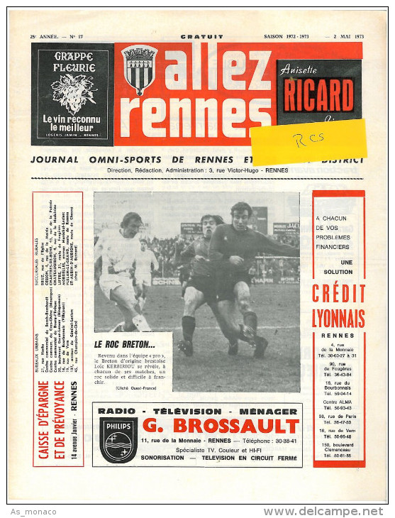 Programme Football 1972 1973 Rennes C RCS Strasbourg â€“ France - Boeken