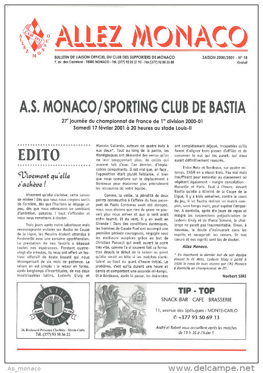 Programme Football 2000 2001 ASM Monaco C SECB Bastia Corse â€“ France Allez Monaco - Books