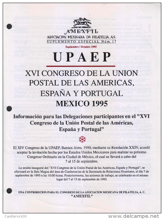 RG)1995 MEXICO, UPAEP XVI CONGRESS, MEXICO 1995, AMEXFIL SPECIAL SUPPLEMENT No. 17-SEP-OCT-1995, 7 B&W PAGES IN SPANISH, - Español