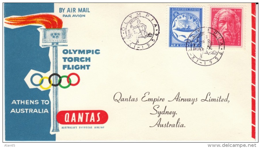 Sc#580 3.5d Homer &amp; #581 4d Voyage Of Dionysus Issues Stamps On 1956 Olympics Qantas Airlines Olympic Torch Flight C - Covers & Documents