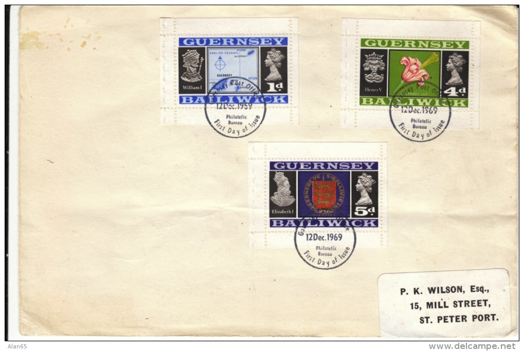 Sc#9 1p #13 4p &amp; #14 5p Guernsey FDC First Day Cover Bailiwick Issue 1969 - Guernsey