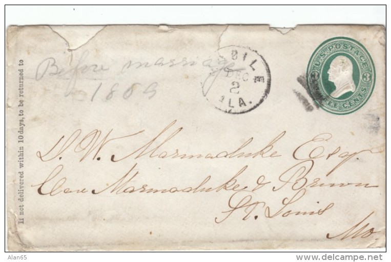 Sc#U82 3-cent Washington Green, Postal Stationery Issue C1870-71, Mailed Mobile Alabama To St. Louis Missouri - ...-1900