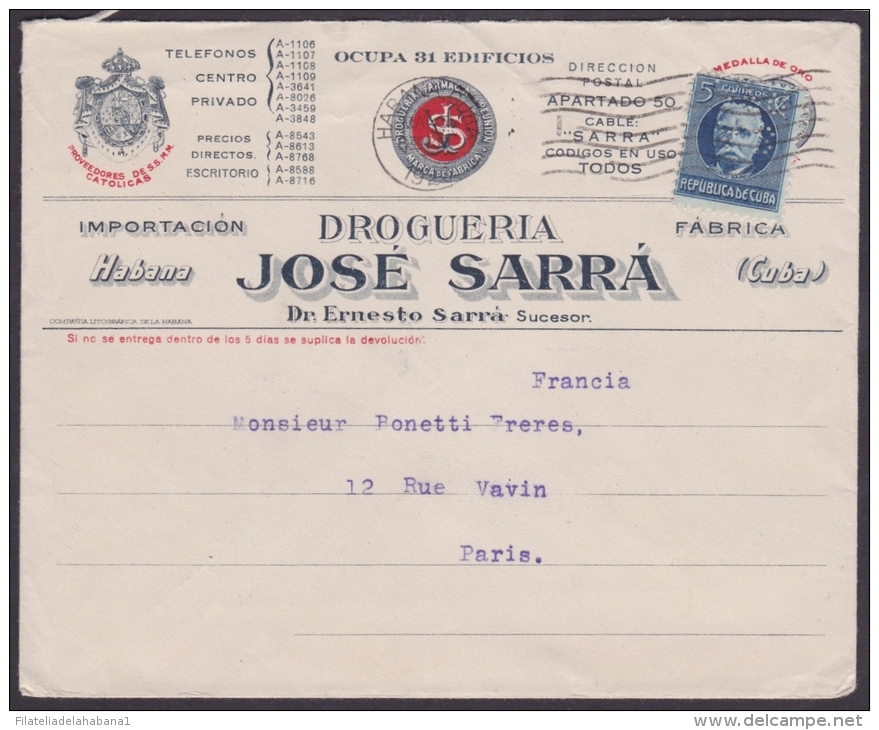 1917-H-225 CUBA REPUBLICA. 1917. 5c. PERFINS "SARRA. CARTA ILUSTRADA DE FARMACIA PARIS, FRANCIA. - Brieven En Documenten