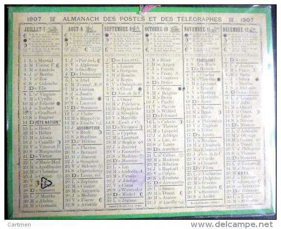 CALENDRIERS DES POSTES PTT  1907 ORIGINAL DEPARTEMENT ? - Formato Grande : 1901-20