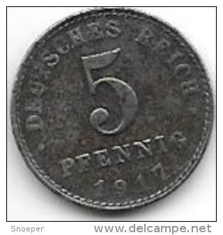 Empire 5 Pfennig  1917  A   Km  19    Vf+ - 5 Pfennig