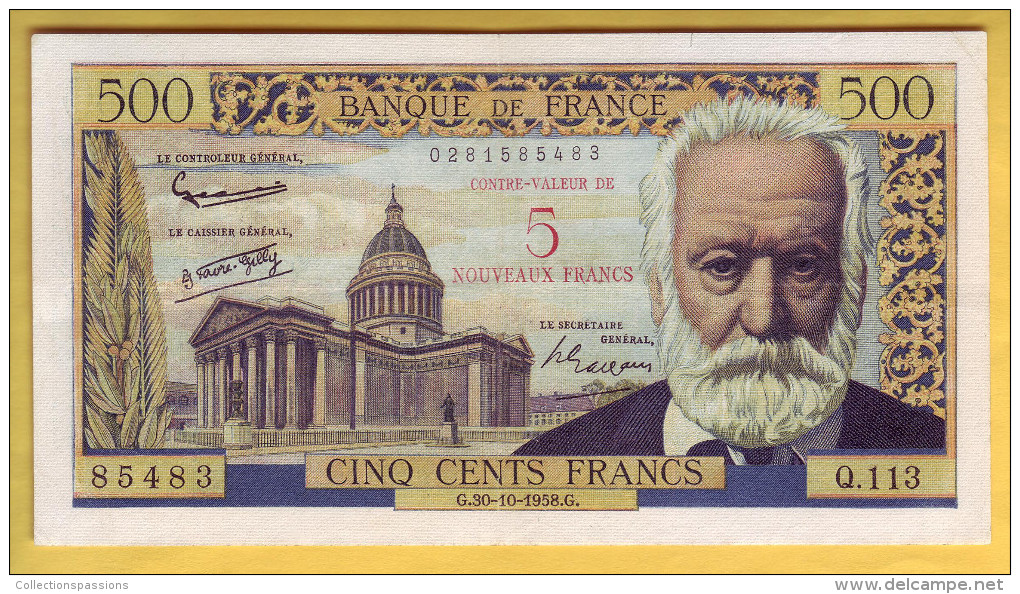 BILLET FRANCAIS - 5 NF Sur 500 Francs Victor Hugo 30.10.1958 TTB+ - 1955-1959 Opdruk ''Nouveaux Francs''