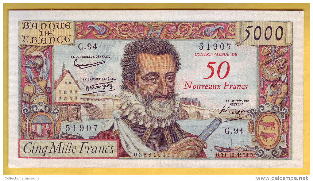 BILLET FRANCAIS - 50 NF Sur 5000 Francs Henri IV  30.10.1958 SUP - 1955-1959 Aufdrucke Neue Francs