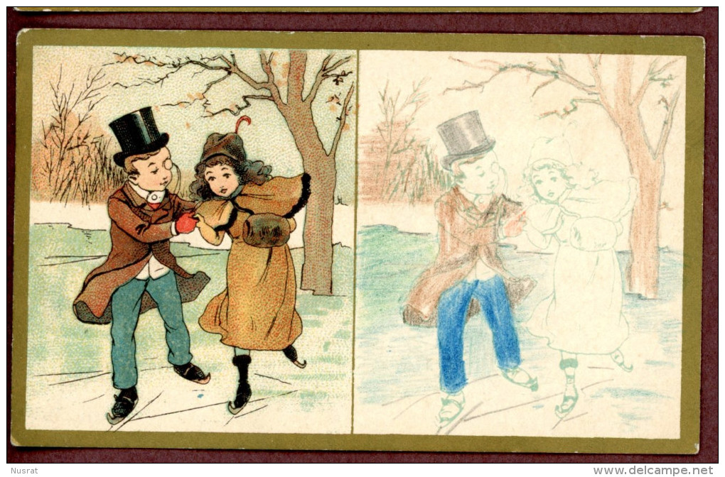 Chocolat Delespaul-Havez, Lille, Chromo Lith. Champenois TM36-38 Dessin à Colorier, Couple, Hiver, Mauvais Temps - Other & Unclassified