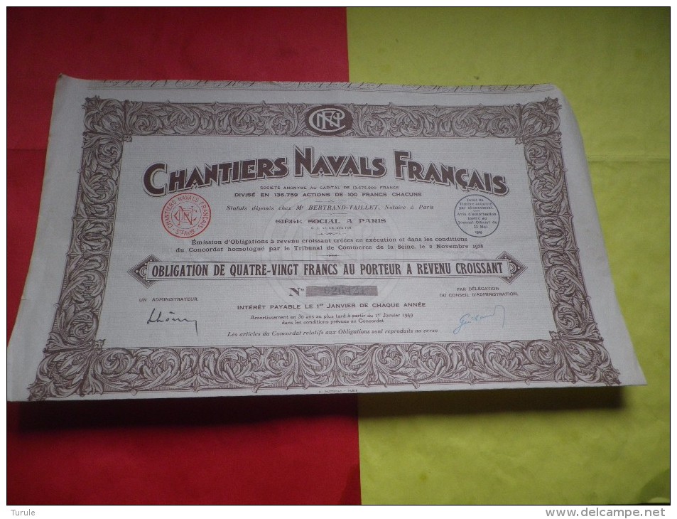 CHANTIERS NAVALS FRANCAIS (obligation 80 Francs) - Other & Unclassified