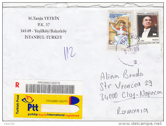 HAJI BEKTASH VELI, MUSTAFA KEMAL ATATURK, STAMPS ON REGISTERED COVER, 2009, TURKEY - Lettres & Documents