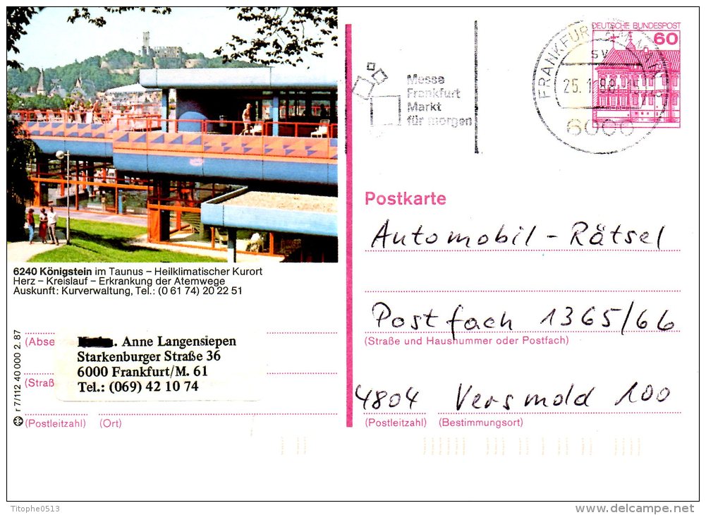 ALLEMAGNE. Carte Pré-timbrée Ayant Circulé En 1987. Königstein. Oblitération : Messe Frankfurt Markt Für Morgen - Illustrated Postcards - Used