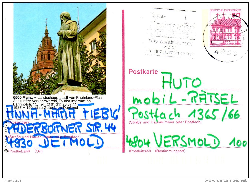 ALLEMAGNE. Carte Pré-timbrée Ayant Circulé En 1987. Mainz/Statue De Gutenberg. - Cartes Postales Illustrées - Oblitérées