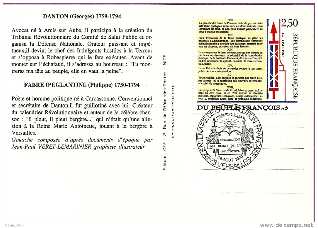 Carte Déclarations Droits De L'homme  " Danton - Fabre  "  Daté  1°  Jour Du  26 - 8 - 1989  De Versailles Sur N° 2605 - 1980-1989