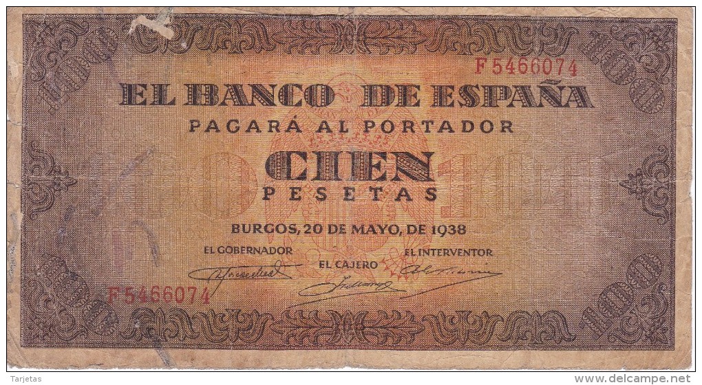 BILLETE DE ESPAÑA DE 100 PTAS 20/05/1938 SERIE F (BANK NOTE) - 100 Pesetas