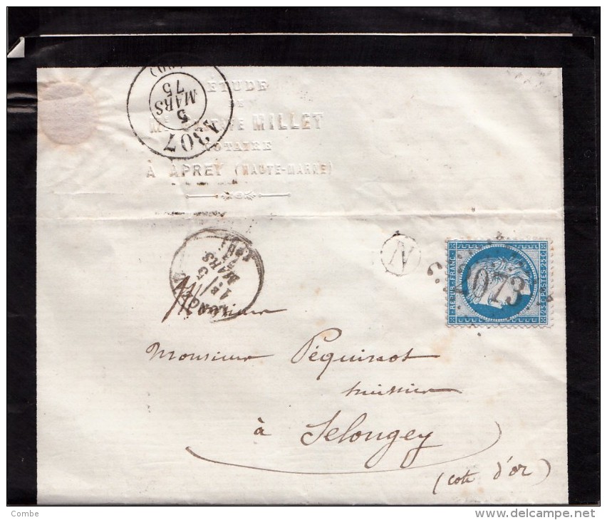 1875. LETTRE . N° 60. HAUTE MARNE. LONGEAU . GC 2076. BOITE  RURALE N APRET + REÇU BUREAU DE POSTE SELONGEY  /  7497 - 1849-1876: Periodo Clásico