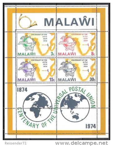 Malawi 1974 Organisationen Postgeschichte Weltpostverein UPU Hermes Merkur Landkarten, Bl. 36 ** - Malawi (1964-...)