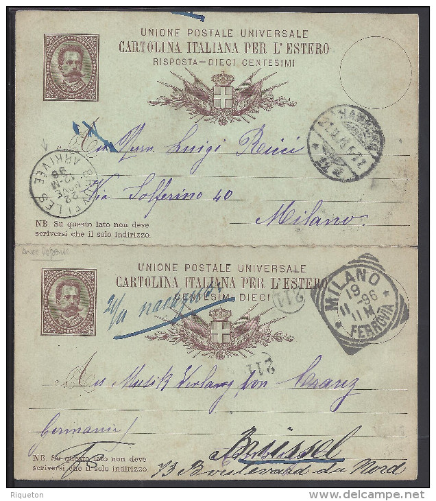 ITALIE - 1896 -  ENTIER POSTAL U.P.U. AVEC LA REPONSE DE MILANO  A DESTINATION DE HAMBOURG VERS BRUXELLES - - Entero Postal