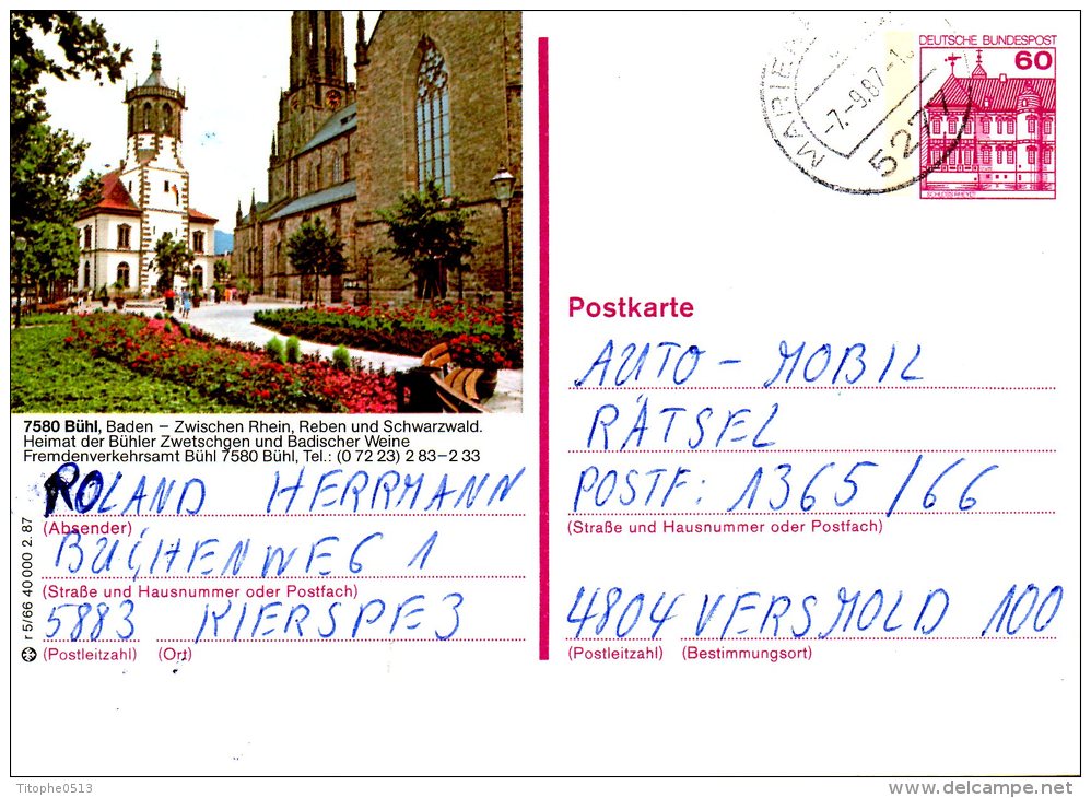 ALLEMAGNE. Carte Pré-timbrée Ayant Circulé En 1987. Bühl. - Illustrated Postcards - Used