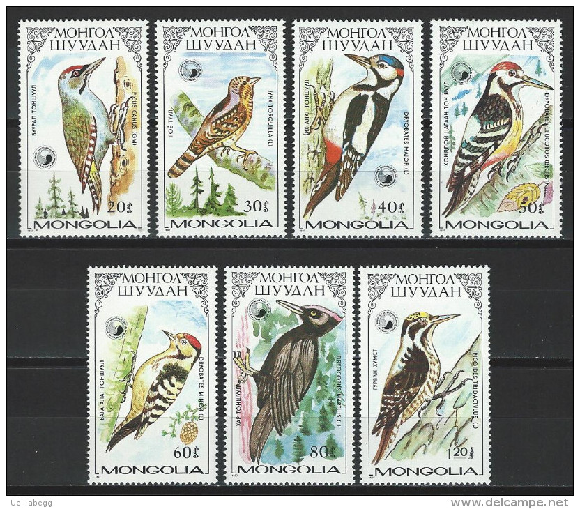 Mongolei 1987, Mi 1851-57 ** MNH - Piciformes (pájaros Carpinteros)