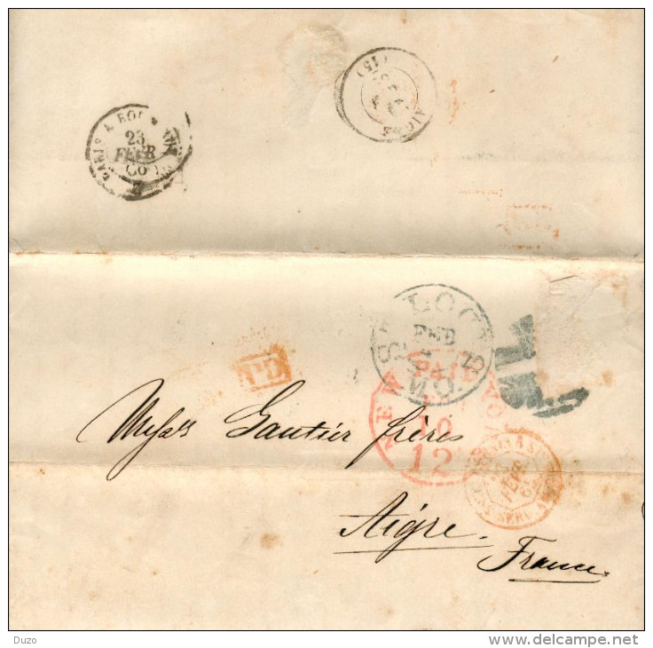 1866- ST Louis USA  - Lac - Entrée Etats Unis 3 Serv. Am.Calais 3 + Cachet P.D. Encadré Rouge Pour Aigre (Charente) - …-1845 Prephilately