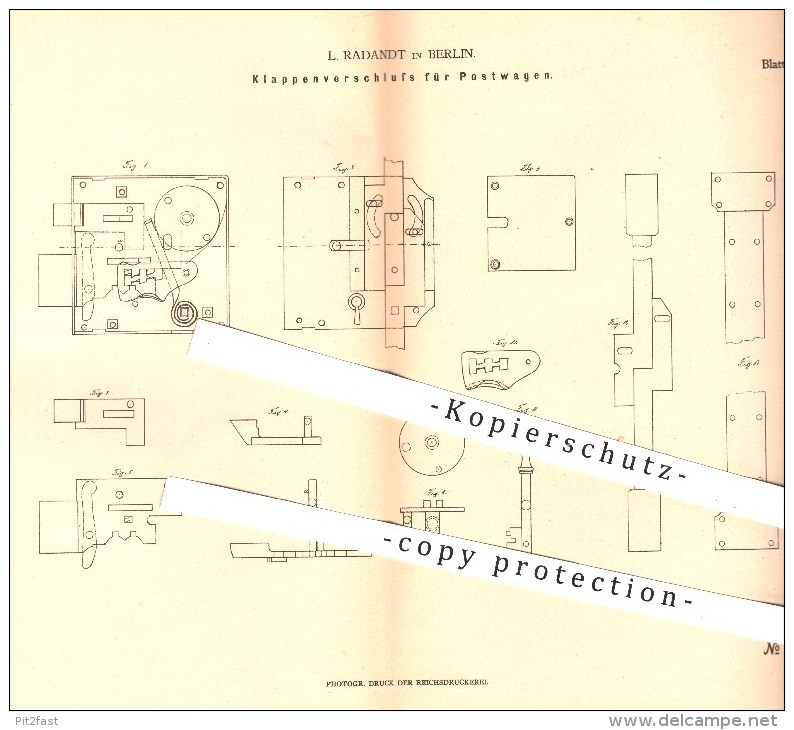 Original Patent - L. Radandt , Berlin , 1879 , Klappenverschluss Für Postwagen , Schloss , Schlosserei , Schlosser !!! - Historische Dokumente