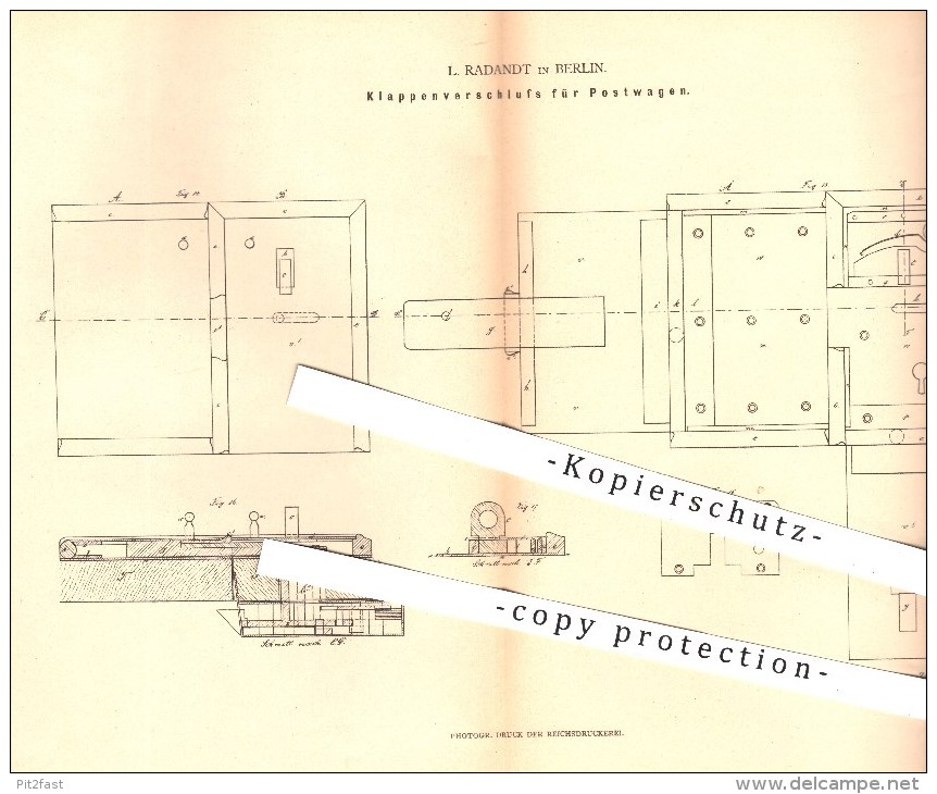 Original Patent - L. Radandt , Berlin , 1879 , Klappenverschluss Für Postwagen , Schloss , Schlosserei , Schlosser !!! - Historische Dokumente